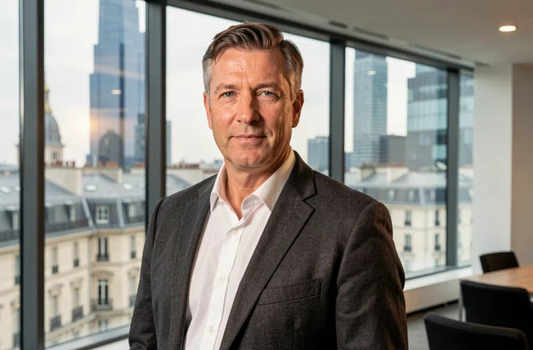 Portrait professionnel d'un homme d'affaires élégant dans un bureau avec vue sur Paris et Hollywood, illustrant la fortune et le parcours de Tony Scotti
