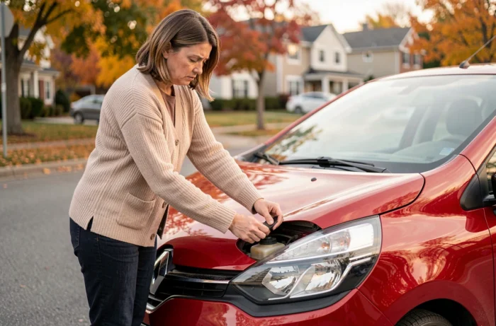 Femme vérifiant le niveau de liquide de refroidissement d'une Clio 3