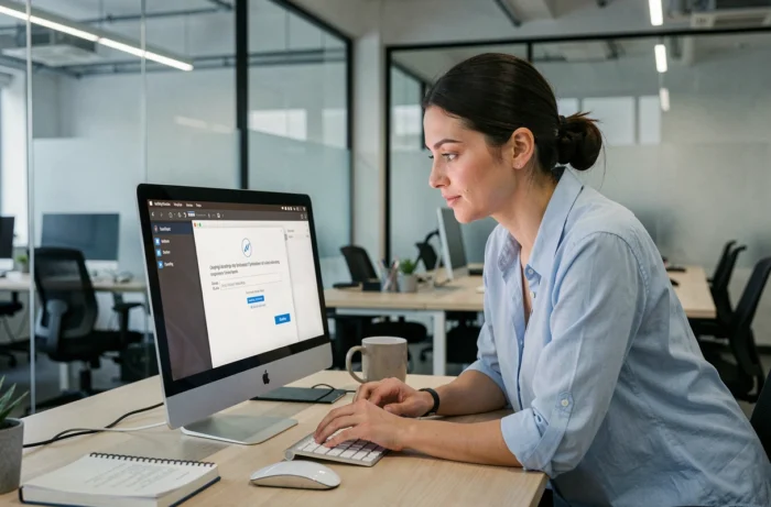 Femme vérifiant la sécurité d'un téléchargement de logiciel sur un ordinateur de bureau dans un espace de coworking
