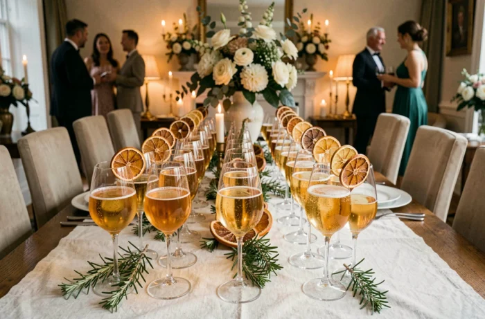 Rangée de verres remplis d'apéritif Jacqueline pétillant décorés de romarin et de rondelles d'orange séchées sur une table de fête élégante