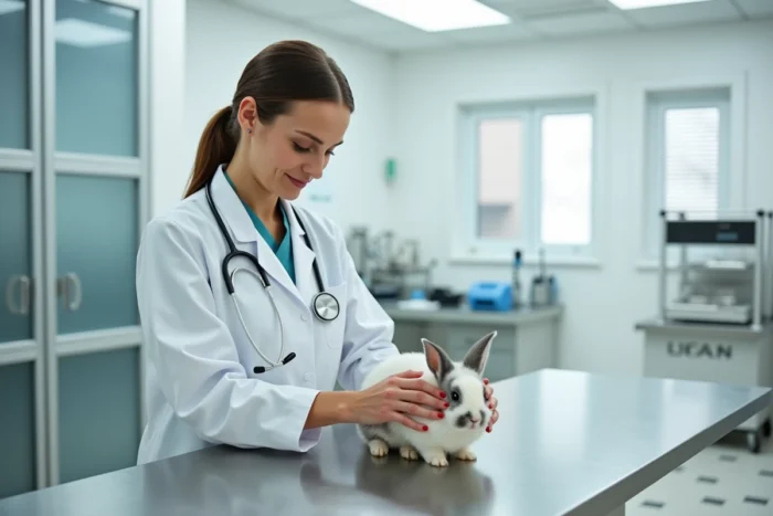 Vétérinaire femme examinant un lapin sur une table de consultation dans une clinique vétérinaire moderne