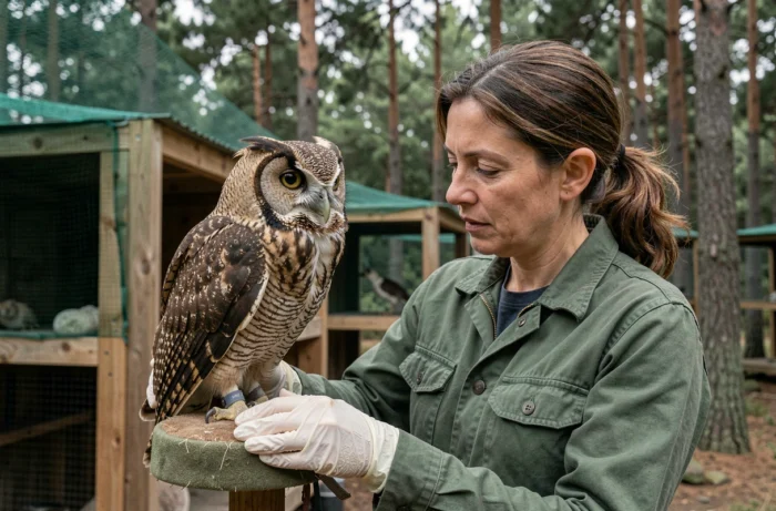 Une vétérinaire examinant un hibou sauvage rescapé dans un centre de réhabilitation animalier en plein air
