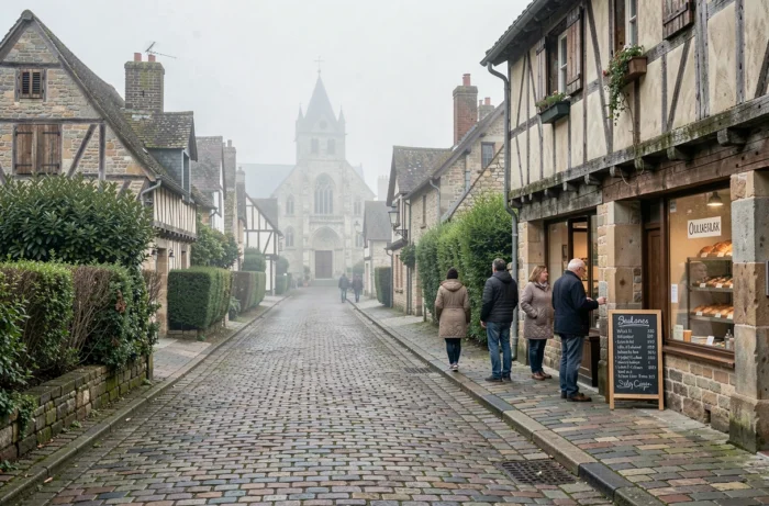 Village normand typique avec maisons à colombages et église en pierre évoquant les racines régionales d'un footballeur français