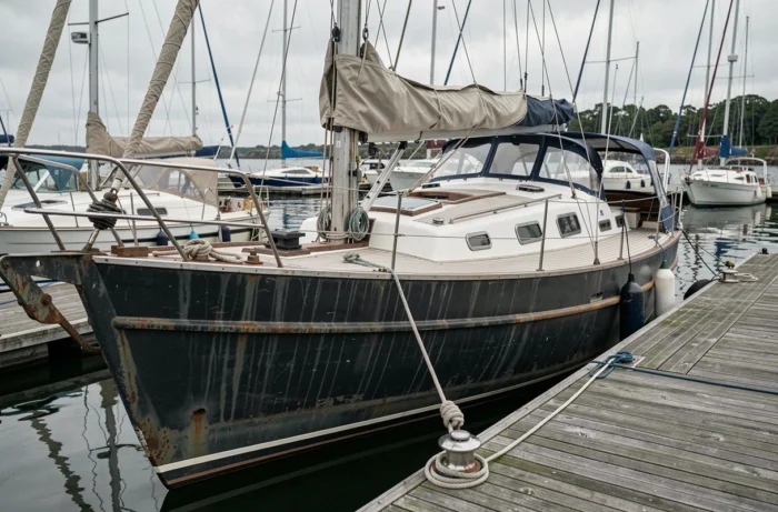 Voilier en acier d'occasion amarré dans une marina avec une coque patinée et un gréement complet visible