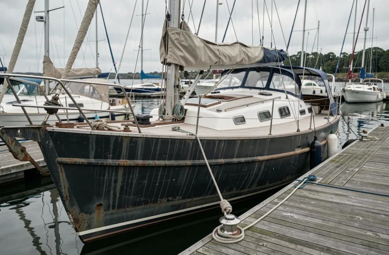 Voilier en acier d'occasion amarré dans une marina avec une coque patinée et un gréement complet visible