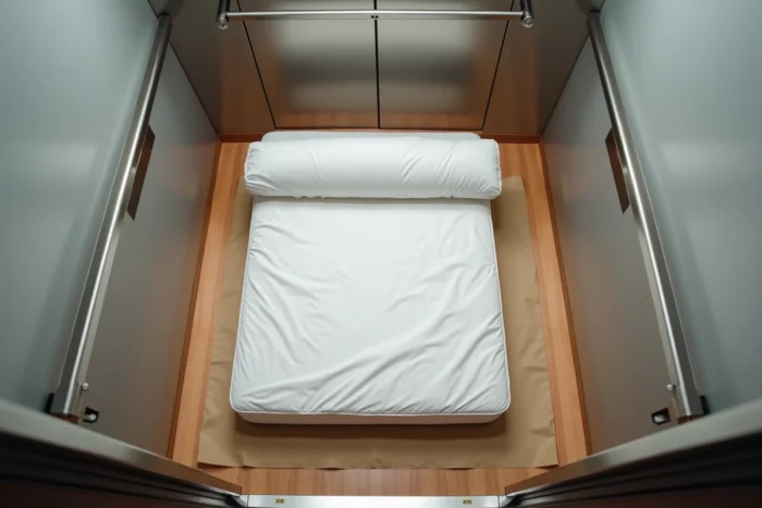 Vue en plongée d'un sommier démonté posé à plat dans un ascenseur moderne, illustrant les contraintes de dimensions